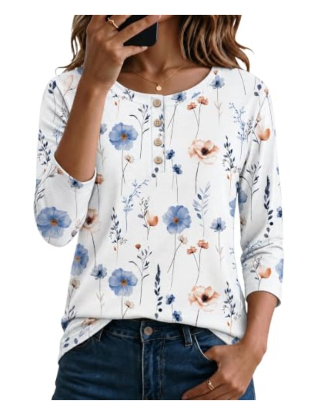 3/4 Sleeve Crew Neck Button Down Tunic Top Business Casual Women's